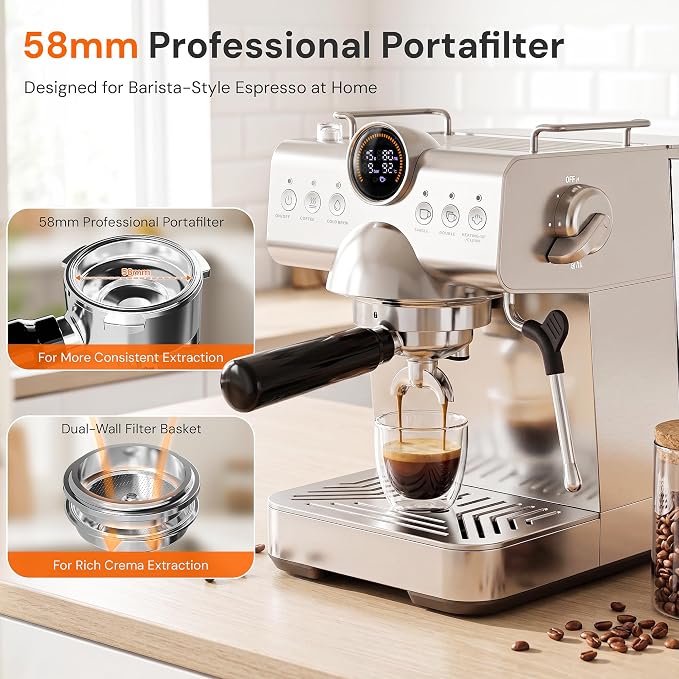 Kismile Espresso Machine with Milk Frother, 20Bar Hot & Cold Brew Semi-Automatic Expresso Coffee Machine with Single & Double Shot, LED Display for Home Barista Latte and Cappuccino - Image 5