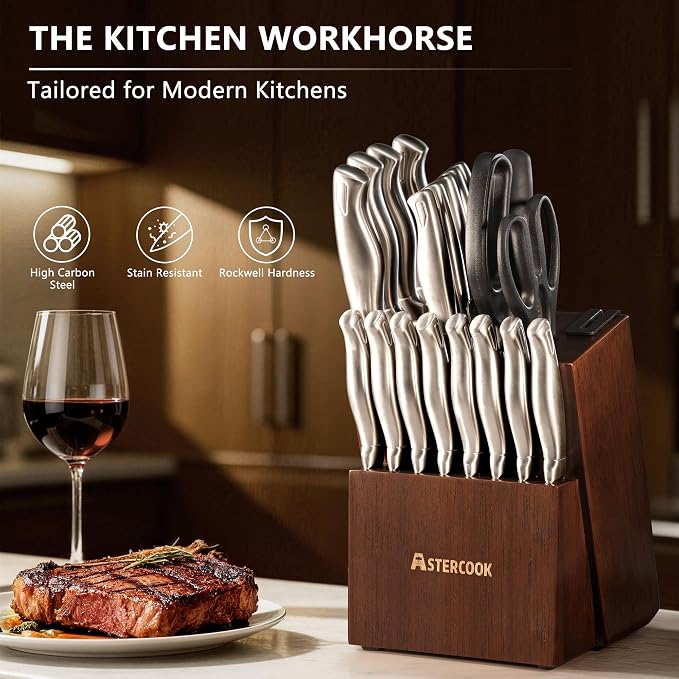 Knife Set, Astercook 21 Pieces Kitchen Knife Set with Built-in Sharpener, German Stainless Steel Knife Block Set, Razor-Sharp Knives with Full-tang Handle, Dishwasher Safe Kitchen Utensils Set - Image 8