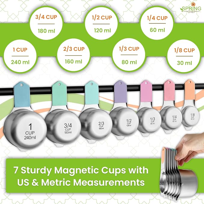 Spring Chef Magnetic Measuring Cups & Spoons Set of 15, Patented, Pastel | Stackable Stainless Steel Measuring Cups & Heavy Duty Metal Measuring Spoons with Levelers for Dry & Liquid Ingredients - Image 7