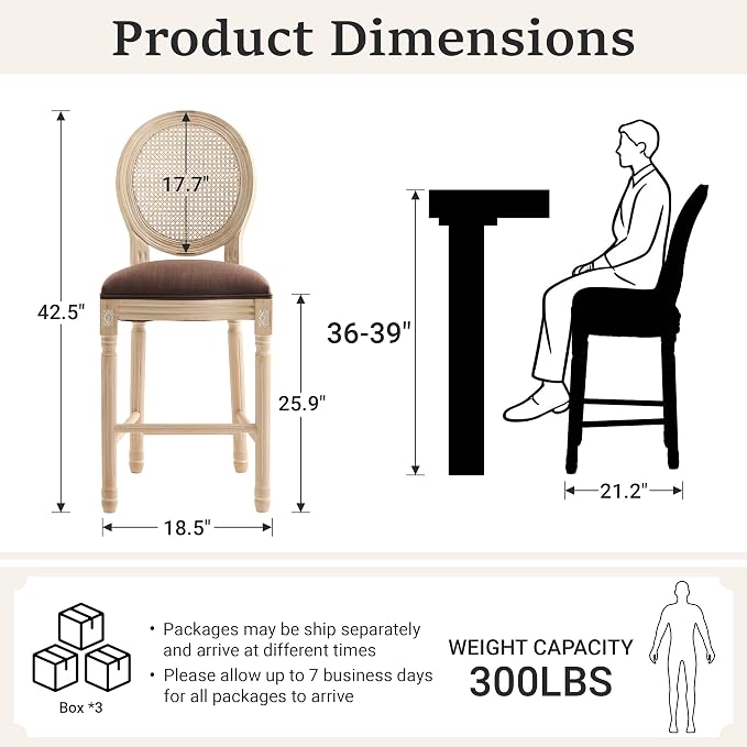 French Country Barstool, Linen Farmhouse Counter Height Chair | Set of 6, with Rattan Round Back and Solid Wood Legs, Oval Chairs for Restaurant, Bar, Kitchen, Café, Brown - Image 3