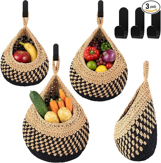 Honeydak Boho Decor Hanging Wall Baskets for Kitchen 3 Pack Teardrop Baskets with Hooks Storage Fruit Onion Vegetable Potato for Home 3 Sizes(Linen with Black,Teardrop,Cotton Rope) by Honeydak