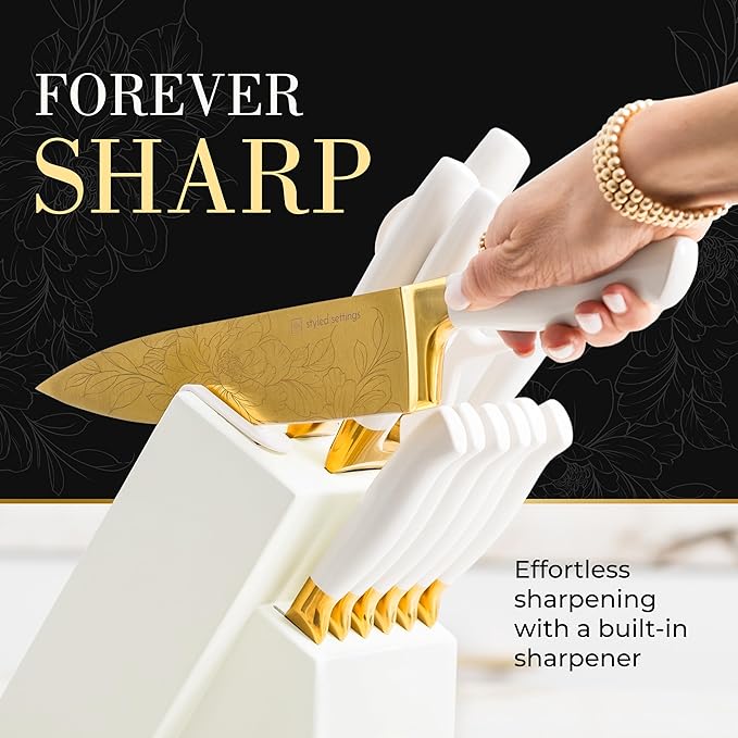 Styled Settings White and Gold Knife Set with Elegant Floral Pattern, 14-PC | Golden Titanium-Coated Stainless Steel Gold Knives with Block, Ultra-Sharp, Durable Kitchen Knife Block Set - Image 3