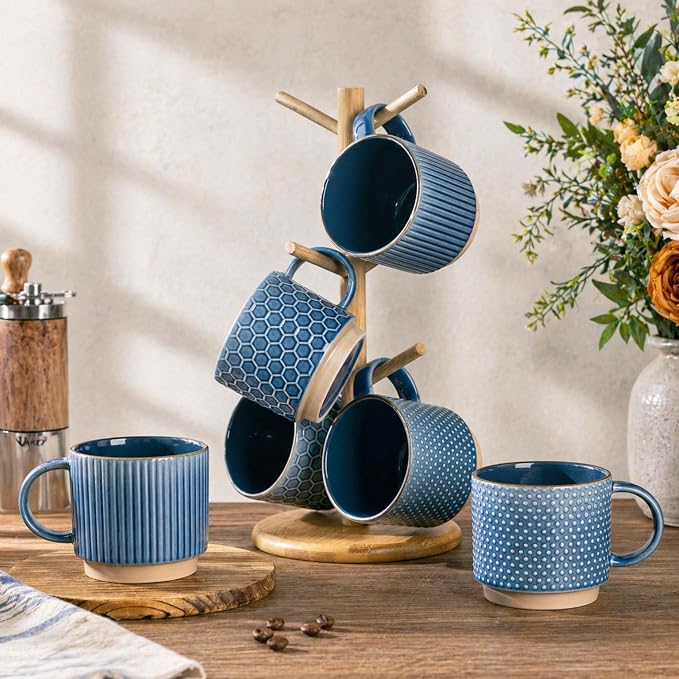 GBhome 12 OZ Stackable Coffee Mugs Set of 6, Ceramic Coffee Cups Set | 3 Assorted Designs, Embossed Mugs with Texture Patterns for Tea/Latte/Cappuccino, Dishwasher&Microwave Safe - Image 8