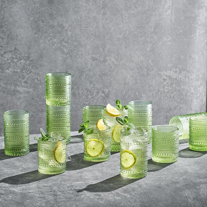 Khen Hobnail Beaded Highball Drinking Tumbler Glasses | Set of 12 | Color, Vintage Bubble Design Whiskey Glassware, Old-Fashioned, Embossed Design for Water Wine, Cocktail Embossed Heavy Glass (Green) - Image 2