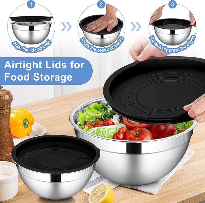 LIANYU 6 PCS Stainless Steel Mixing Bowls with Lids Set, Large Size 7, 3.5, 2.5, 2, 1.5, 1QT, Kitchen Nesting Metal Bowl Sets, Ideal for Baking Cooking Serving Food Storage, Dishwasher Safe, Black