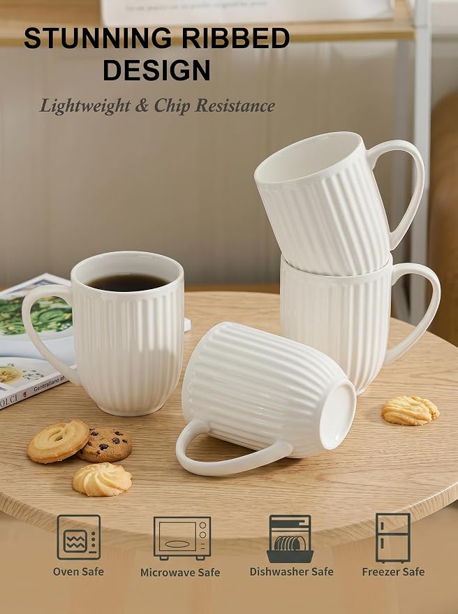 HASENSE Textured Large Coffee Mugs Set of 4, 16 Oz Ribbed Ceramic Cups with Large Handle for Latte Tea Cappuccino, Stackable Embossed Mug Set for Mom Dad, Microwave Dishwasher Safe, Creamy White - Image 3