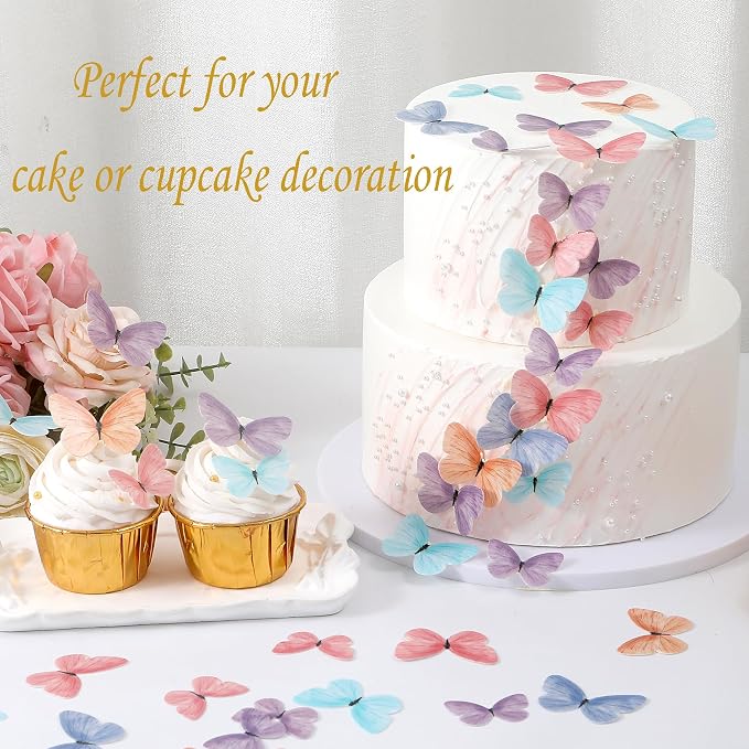 58Pcs Edible Butterflies Cake Toppers Wafer Paper Butterfly | Cupcake Decorations Colorful Small Pastel Cupcake Topper for Wedding Birthday Baby Shower Cake Decoratings(Mix Color & Size) - Image 4