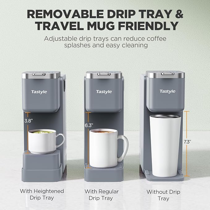 Tastyle Single Serve Coffee Maker with Built-in Detachable Milk Frother | For K Cups & Grounds, 40oz Removable Water Tank, 6 Brew Sizes, 2 Drip Trays, BPA Free, Fits 7.3" Travel Mug, K330MF, Gray - Image 6