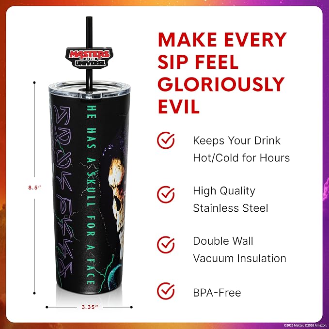 Dragon Glassware x Masters of the Universe Tumbler (MOTU), 24 oz - Skeletor | Vacuum Insulated Stainless Steel Tumbler with Straw & Lid; With Straw Topper; Official Masters of the Universe 2026 Movie Cup - Image 3