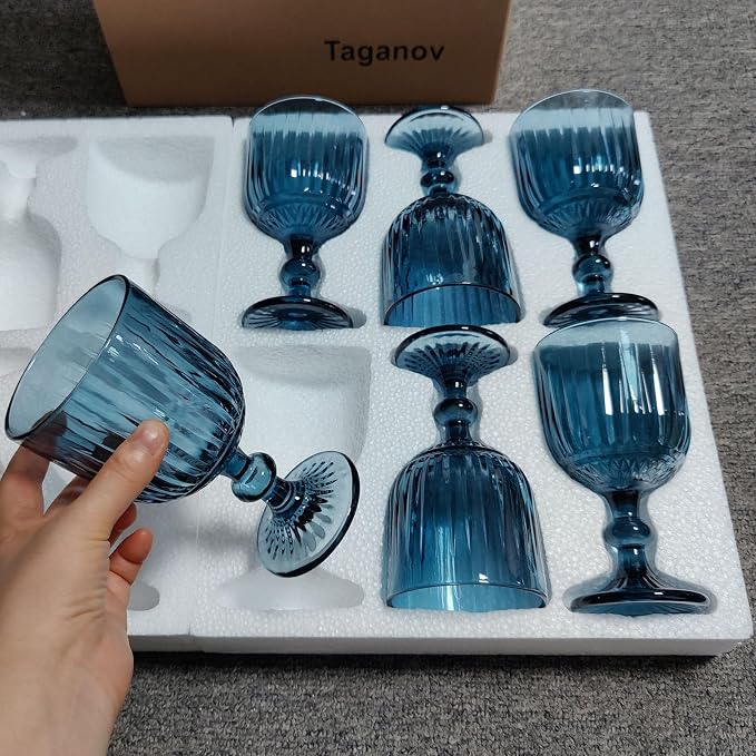 Taganov Blue Glasses Drinking Wine Water Goblets set of 6 Colored Stemware Vintage Glassware 11 ounce for Wedding Party Bar Vertical Embossed Pattern Stemmed Cups 330 ml - Image 8