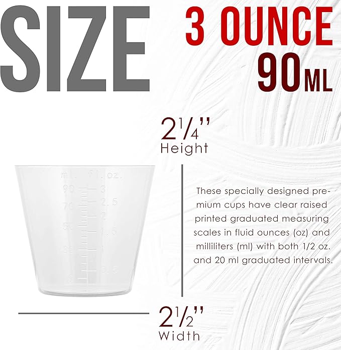 Pouring Masters 3 Oz (90 ml) Liquid Measuring Cups - Plastic Graduated Cup (50 Pack) with 25 Sticks - Reusable Mixing Cups for Paint, Craft, Kitchen, Lab, Medical Supplies, Epoxy Resin, Art