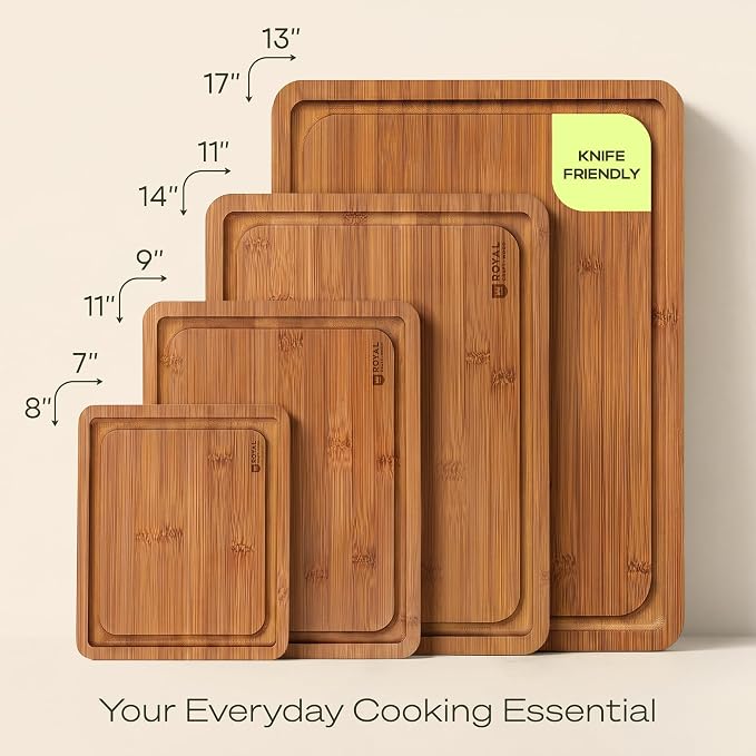 ROYAL CRAFT WOOD Wooden Cutting Boards for Kitchen Meal Prep & Serving - Bamboo Non Toxic Cutting Board Set with Deep Juice Groove Side Handles - Charcuterie & Chopping Butcher Block for Meat (4 Pcs) - Image 5