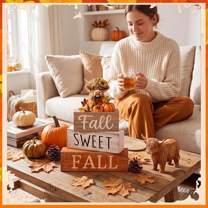 Moucuny 4 Pcs Fall Decoration for Highland Cow Home Fall Table Decor Wooden Stacked Block Decor with Sunflower Cow & Pumpkin Topper Rustic Thanksgiving Tiered Tray Decoration for Harvest Home Kitchen - Image 4