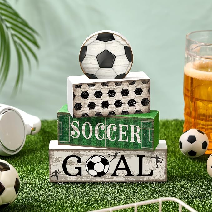 Moucuny 4 Pcs Soccer Party Decorations Soccer Table Centerpiece Football Tiered Tray Decor Wooden Ball Block Signs Gift Sports Themed Table Decorations for Boys Baby Shower Party Supplies Decor - Image 2