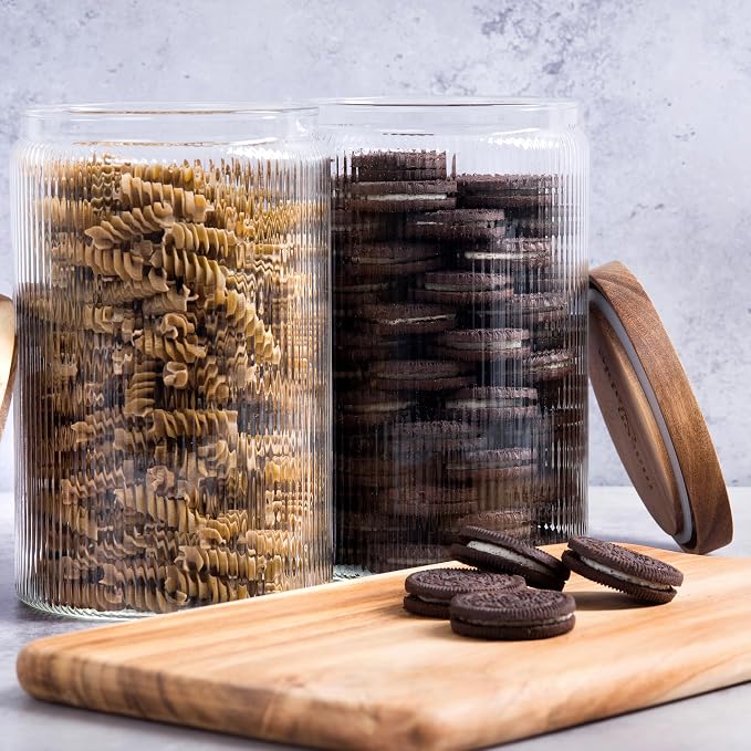 Mason & Fable Ribbed Glass Jar with Wooden Lid 70fl.oz- Set of 2 | Airtight Fluted Storage Container for Cookies, Pasta, Coffee, Dog Treats, Snacks | Organization Canisters for Home & Kitchen - Image 6