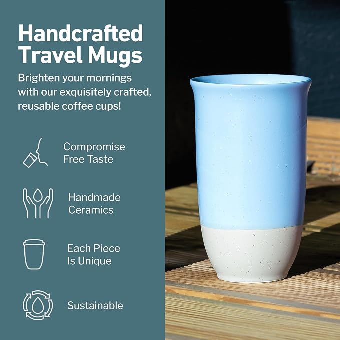 NOVA CERAMICS Travel Mug - Ceramic Coffee Mug With Lid – Microwave & Dishwasher Safe Coffee White & Grey Tumbler - Fits In Cup Holder – 16oz – Coastal Drift - Image 2
