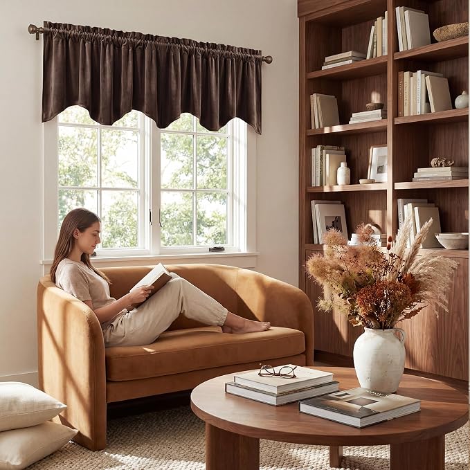 Brown Valance for Windows 52x18 Inch 1 Panel | Solid Velvet Wavy Kitchen Curtains for Small Window, Autumn Traditional Home Decor Window Treatment for Living Room - Image 3