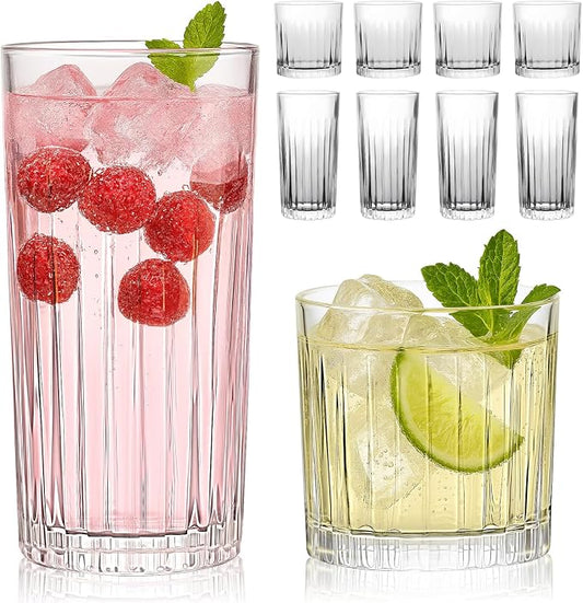 Laerjin Drinking Glasses Set of 8, 12 oz Highball Glasses & 10 oz Cocktail Glasses Set, Ribbed Glass Cups,Thick Glass Cups, Kitchen Water Glasses Cup, Bar Tumbler Glassware for Beer, Whiskey(Clear) by Laerjin