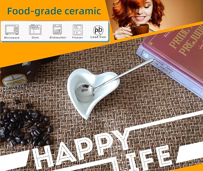 Coffee & Tea Spoon and Rest Set for Coffee Bar Accessories, Heart Cute Mini & Small Coffee Spoon Rest & Holder for Coffee Station & Bar, Teaspoon Rest & Holder (White Rest with Silver Spoon*2)