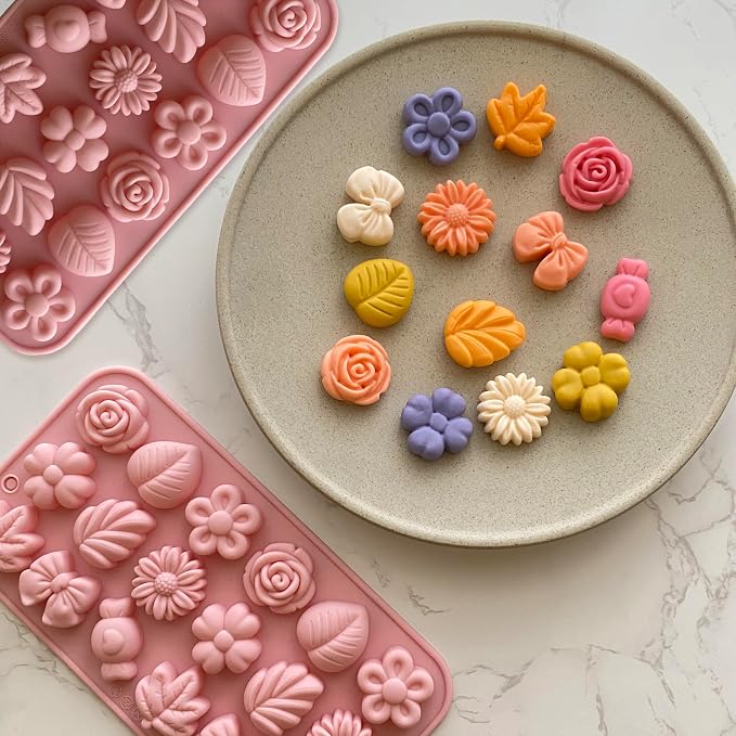 Flower Candy Molds Silicone 2PCS Daisy Flower Chocolate Molds Tulip Flower Mold Bow Tie Leaf Jello Molds Ice Mold Pudding Molds Soap Molds Cookie Molds for Desserts Making - Image 3