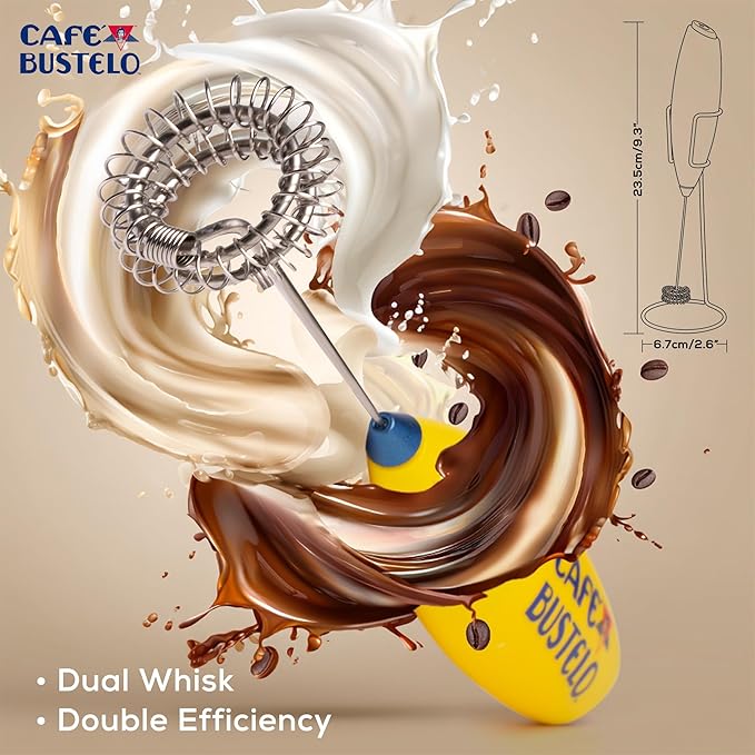 Café Bustelo Electric Coffee Milk Frother – Handheld Battery-Operated Drink Mixer with Stainless Steel Whisk & Stand, Bold Yellow Design, Perfect for Lattes, Cappuccinos & Café-Style Coffee Drinks