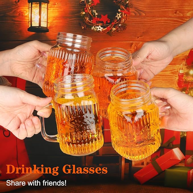 Magicsky Mason Jar Cups with Handles, Vintage 16 oz Glass Iced Coffee Cup with Bamboo Lids and Straws, Pint Drinking Jars Mug for Smoothie, Cold Drinks, Juice, Party Beverages, Set of 4
