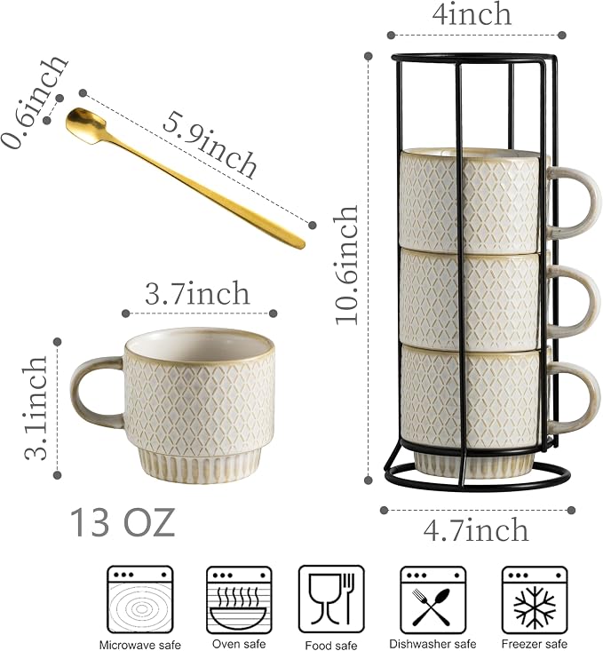 LYEOBOH Stackable Coffee Mugs, Coffee Cups, Mug Set of 4 with Spoons - 13 Oz Coffee Cup Set with Stand, Ceramic Coffee Mug - Farmhouse Kitchen, Beige - Image 2