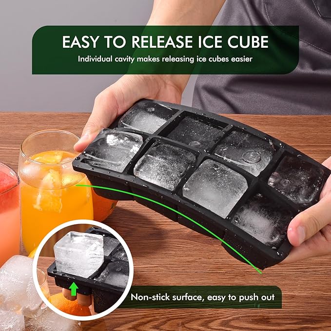 Ice Cube Tray, SLGOL Ice Trays for Freezer with Lid, Easy Release large Ice Cube Molds, Silicone ice cubes mold for Whiskey, Stackable Square Ice Tray for Cocktails Whiskey Juice Coffee【8 square】