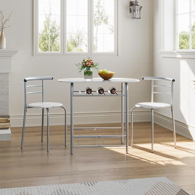 Yaheetech 3-Piece Dining Table Set, Breakfast Bistro Table Set for 2, Small Kitchen and Table Chairs Set of 2 with Metal Frame and Storage Rack for Small Space/Apartment/Dorm Room, White - Image 2