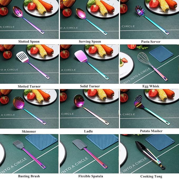 Rainbow Kitchen Utensils Set,13 Pieces Stainless Steel Cooking Utensils Set With Titanium Rainbow Plating,Kitchen Tools Set With Utensil Holder For Non-Stick Cookware Dishwasher Safe (13 Packs) - Image 6
