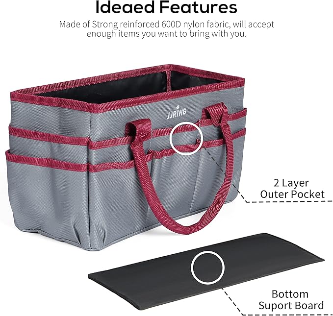 JJRING Craft and Art Tote - 600D Grey Nylon Fabric Art Sewing Organizer Bag with Pockets - for Craft, Scrapbooking, Medical, and Office Supplies Storage