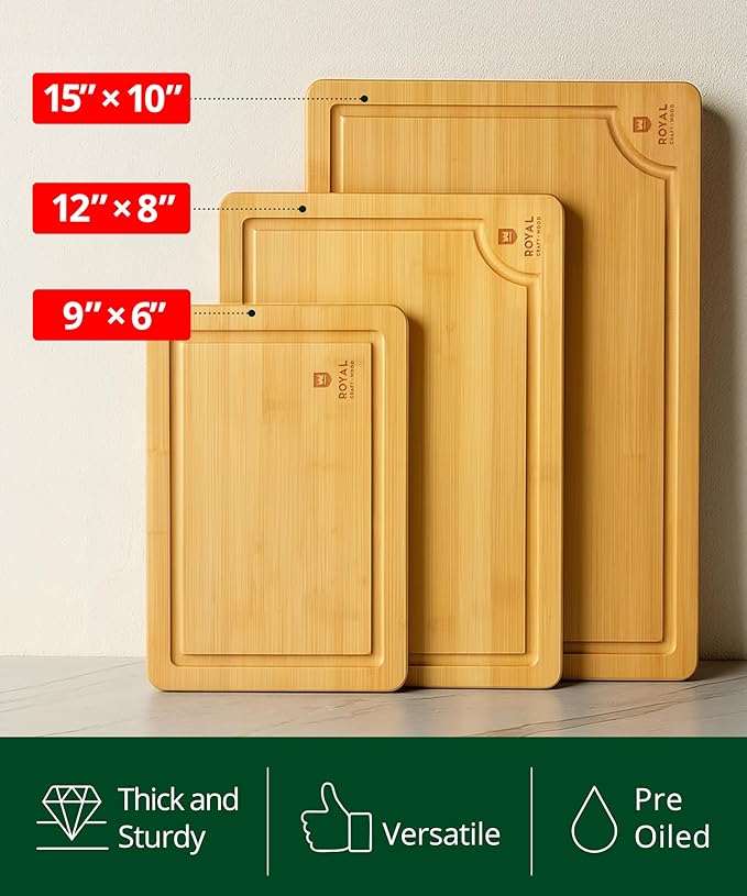 ROYAL CRAFT WOOD Wooden Cutting Boards for Kitchen Meal Prep & Serving - Bamboo Wood Serving Board Set with Deep Juice Groove Side Handles - Charcuterie & Chopping Butcher Block for Meat - Image 3