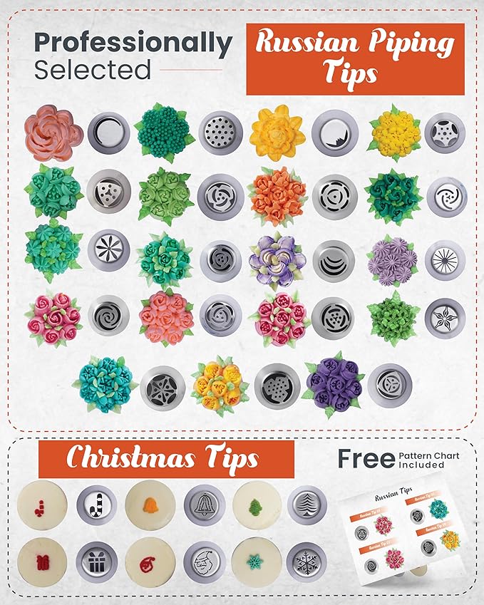 RFAQK 90PCs Flower Making Piping Tips Set, Includes 31 Piping Bags & 49 Tips (25 Russian piping tips, 16 Icing tips,7 Ruffle/Korean, 1 Ball Tip) + Video Course for beginners to Decorate Cake & Cupcake