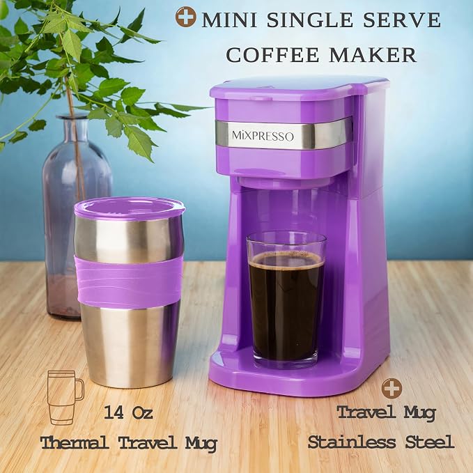 Mixpresso Single Serve & Single Cup Coffee Maker with 14oz Travel Mug | For ground coffee only, reusable filter, auto shut off. Compact personal drip coffee maker, not compatible with K-Cup pods. - Image 6