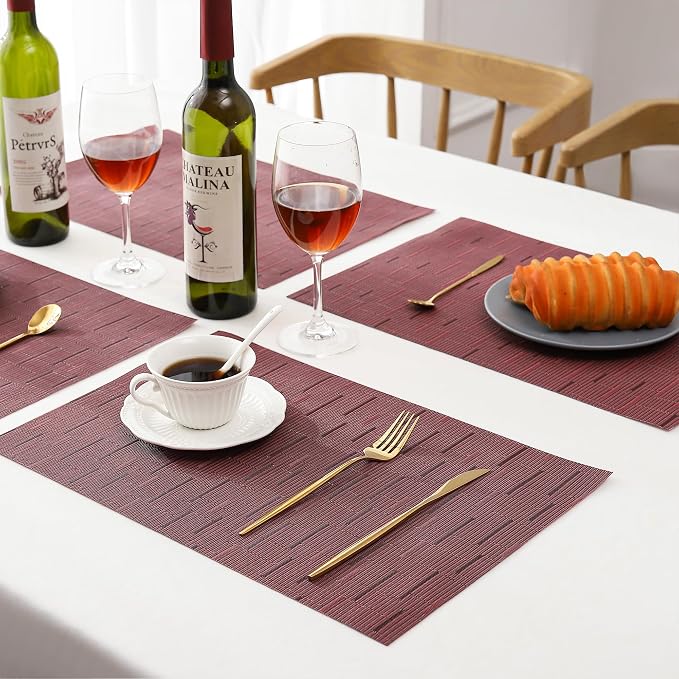 Leetaltree Burgundy Placemats Set of 4 - Heat Resistant Non-Slip Place mats for Dining Table, Washable Durable PVC Vinyl Woven Table Mats（Burgundy, 4） - Image 7