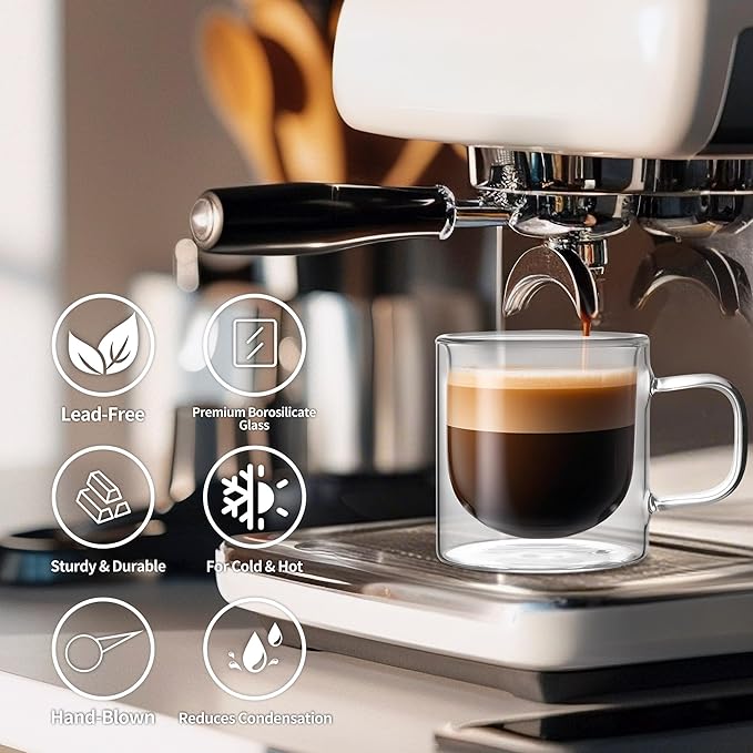 NIRA.Z 12 OZ Double Walled Glass Coffee Mugs Set of 4 Clear Coffee Cups with Handle 355ml Hand-Blown Insulated Glass Tea Cups for Hot & Cold Beverages, Cappuccino, Latte, Tea Bags, Espresso, Americano