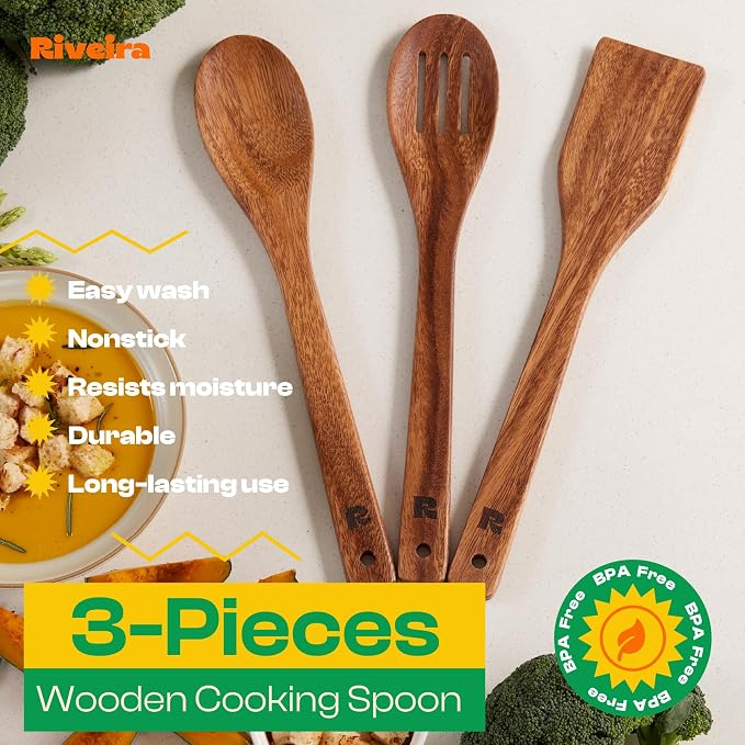 Riveira Walnut Wooden Spoons for Cooking Set of 3 – Natural Walnut Wooden Cooking Utensils, Spatula, Spoon - Premium Quality Utensil Set for Non-Toxic Cooking - Image 3