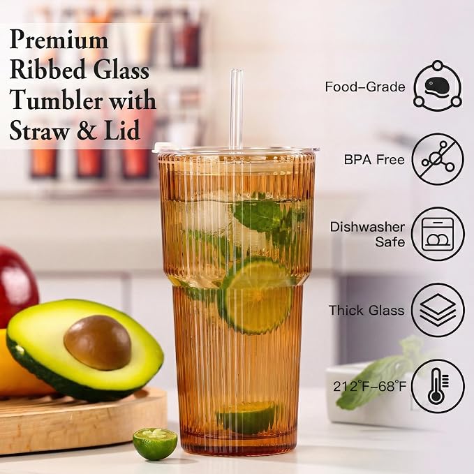 6PCS Ribbed Glass Cups with Lids and Straws, 20oz Vintage Drinking Glasses, Aesthetic Iced Coffee Cups, Glass Tumbler for Boba, Beer, Tea, Cocktails, Ribbed Glassware Set (Colored-6) - Image 2