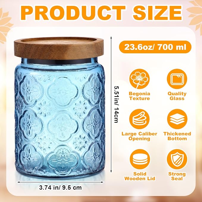 LemonRoad 2 Pcs Vintage Blue Glass Storage Jars 23.7 oz Mason Jar Canister with Wood Lids Food Storage Container for Cookie, Pantry, Candy Kitchen, Coffee, Tea, Flour, Sugar, Decorative Home Decor - Image 2
