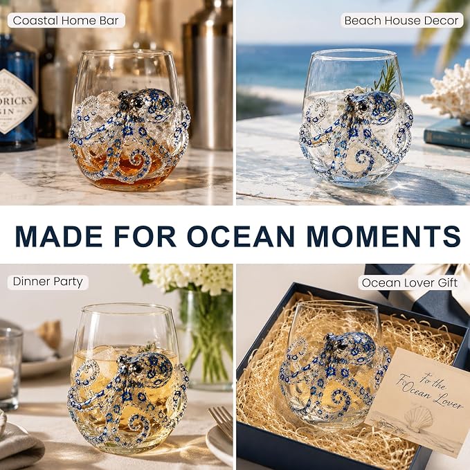 Coastal Stemless Wine Glasses Set of 4, 12oz 3D Ocean Animal Artisan Glassware Collection with Unique Sea Life Designs (A - Set of 1) - Image 4