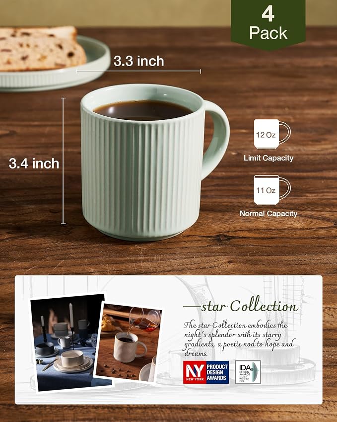 famiware Coffee Mug Set for 4, Star 12 oz Catering Mugs Cup Set with Handle for Coffee, Tea, Cocoa, Milk- Ceramic Stoneware Drinkware Set, Light Green - Image 5