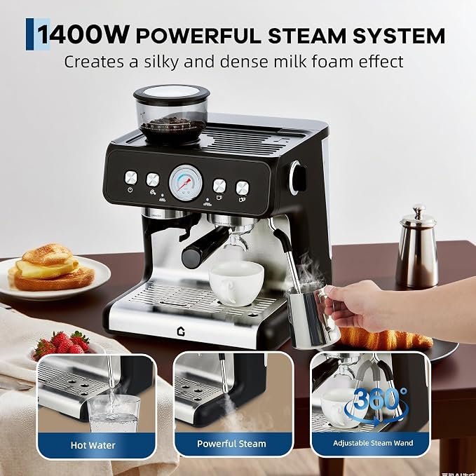 Deluxe Espresso Machine with Double Boiler, Built-in Burr Grinder | 30 Grind Settings, 2.8L Removable Tank, Use Milk Frother and Brew Espresso Simultaneously, Coffee Maker Steam Wand, Silvery - Image 4