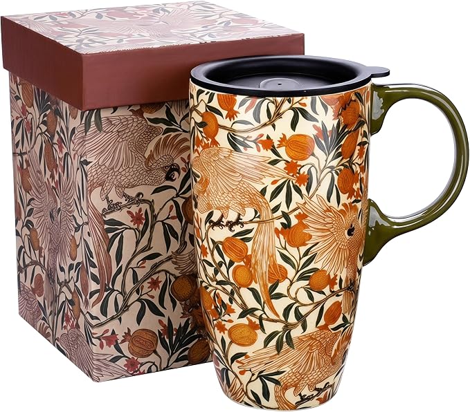 Topadorn 17oz Ceramic Travel Mug with Lid, William Morris, Gift Box | Pomegranate Parrot Coffee Mug, Vintage Botanical Latte Cup, Microwave & Dishwasher Safe by Topadorn