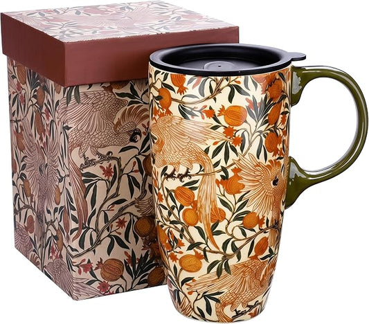 Topadorn 17oz Ceramic Travel Mug with Lid, William Morris, Gift Box | Pomegranate Parrot Coffee Mug, Vintage Botanical Latte Cup, Microwave & Dishwasher Safe by Topadorn
