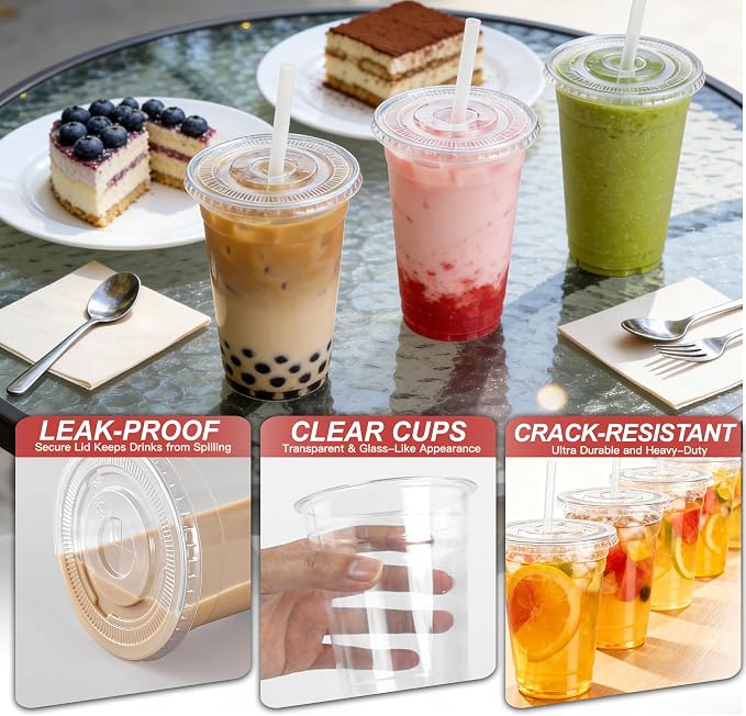 Ginkgo 100 Pack - 16 oz Clear Plastic Cups with Lids and Straws | Leak-Proof & Sturdy, Disposable Iced To Go Coffee Cups for Smoothie, Cold Beverages - Image 5
