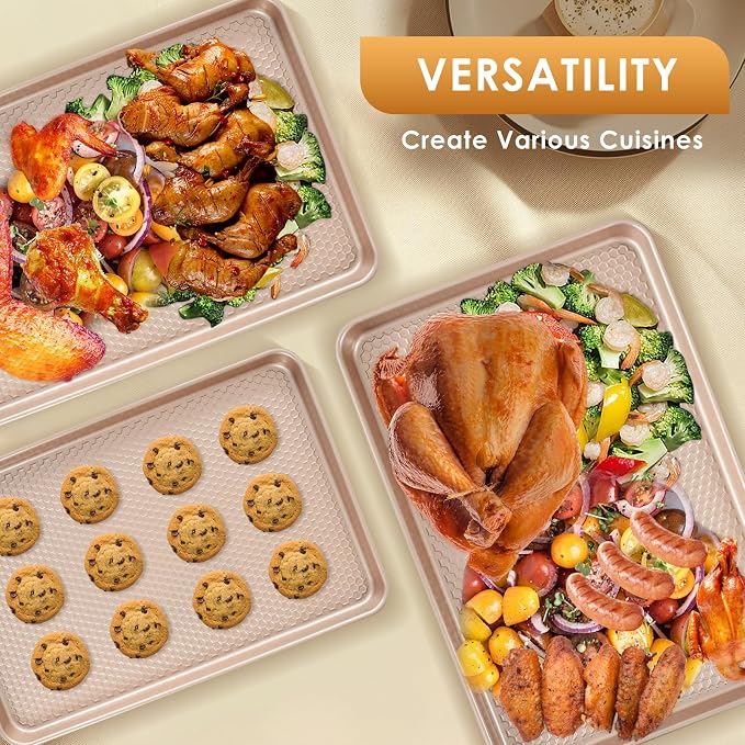 Baking Sheet Pan Set of 3, Nonstick Carbon Steel Cookie Sheets with Texture | Commercial Half/Quarter/Jelly Roll Pans Replacement Toaster Oven Tray, Heavy Duty & Easy Clean - Image 4