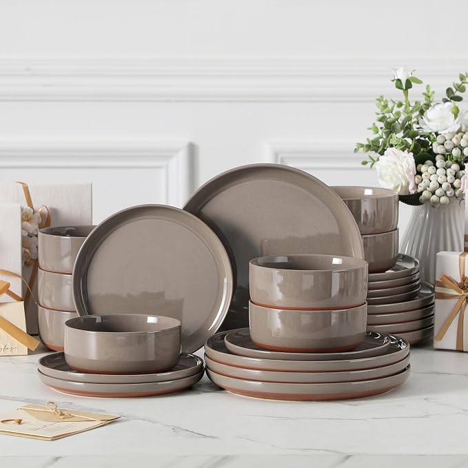 MALACASA Plates and Bowls Sets, 24 Pieces Modern Ceramic Dinnerware Set for 8 Kitchen Dinner Set Stoneware Dishware Dishes Set Microwave and Dishwasher Safe, Brown, Series TARA - Image 9