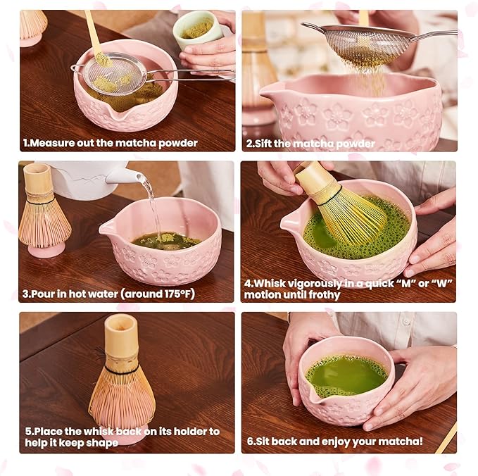 Matcha Whisk Set, Sakura White Ceramic Matcha Set Includes Matcha Bowl, Matcha Whisk (Chasen) and Holder, Sifter, Bamboo Scoop & Spoon - 6 Pcs Matcha Kit for Matcha Lovers
