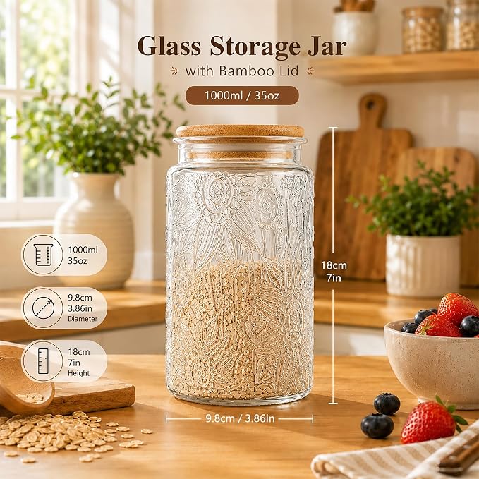 Glass Storage Jars with Airtight Bamboo Lid, 35 FL oz - Decorative Food Canisters for Kitchen Counter, Ideal for Sugar, Coffee, Tea, Candy, Cookies (35oz Large Sunflower) - Image 2