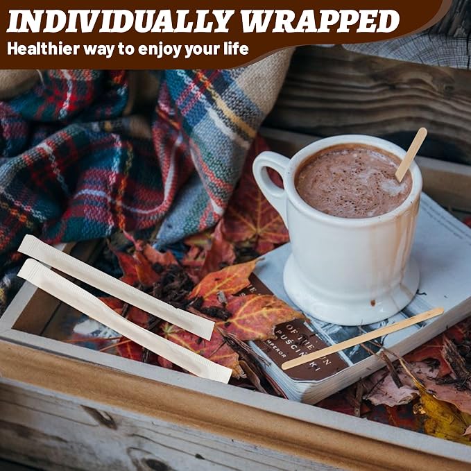 ANTETOK 100Pcs Wooden Coffee Stirrers Paper Wrapped 4.3Inch,Individually Wrapped Disposable Coffee Stir Sticks for Coffee,Tea,Cocktail and Hot Chocolate - Image 4